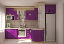 Кухня для небольшого помещения с фиолетовыми фасадами кварц