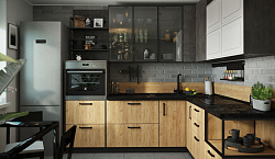 Угловая кухня в стиле лофт Дерево - бетон кварц