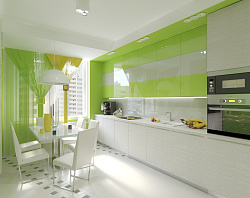 Кухня с глянцевыми фасадами в белом и светло-зеленом цвете