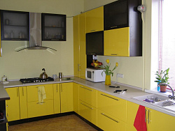 Небольшая п-образная кухня с жёлтыми фасадами