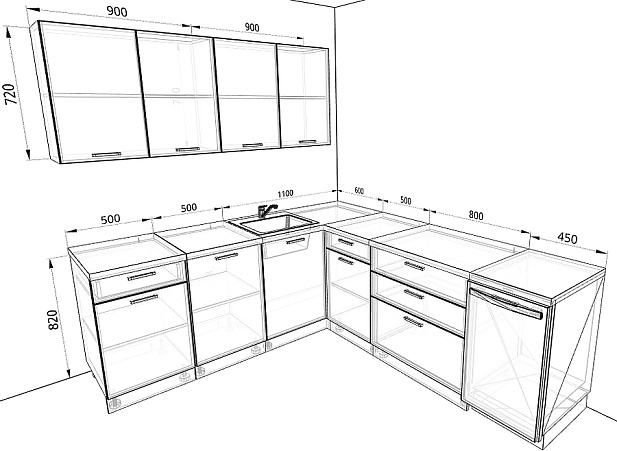 Современная Модульная кухня Базис Миксколор — длина 2,4 м, ширина 2,1 м, 4 цвета фасада на выбор