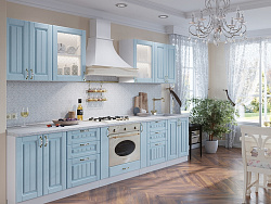 Небольшая прямая кухня с деревянными фасадами в голубом цвете кварц