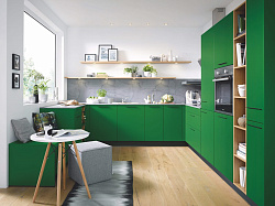 Кухня в зеленом цвете с открытыми полками
