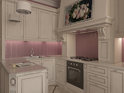 Кухня для небольшого помещения с розовым фартуком