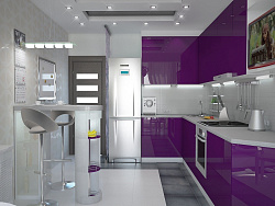 Небольшая угловая кухня в фиолетовом цвете