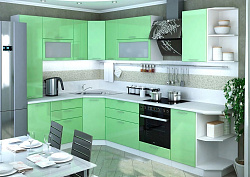 Угловая кухня в зеленом цвете
