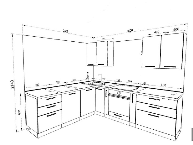 Модульная кухня Шанталь — длина 2,6 м, ширина 2,4 м, 8 цветов фасада на выбор хай-тек