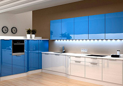 Кухня в голубом цвете с пластиковыми фасадами