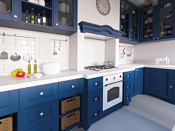 Кухня с синими фасадами и имитацией дымохода
