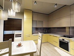 Угловая кухня в желто-бежевых цветах